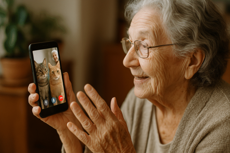 Idosa vé seus gatos por uma chamada de vídeo no celular
