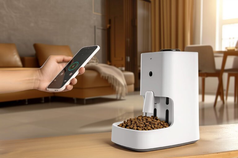Mulher configurando um smart pet feeder pelo app do celular